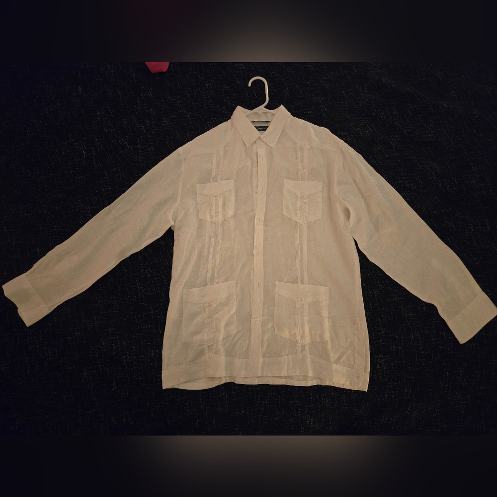100% Linen Classic Guayabera Shirt - Long Sleeve - White